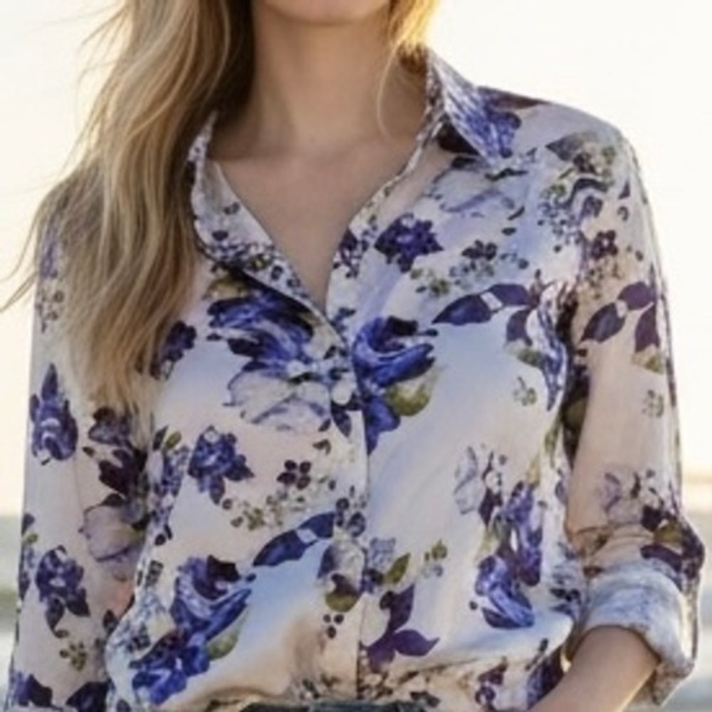 Chicos Blouse Size 3/ US-XL Floral Button Down Shirt Cotton Summer Classic Offic